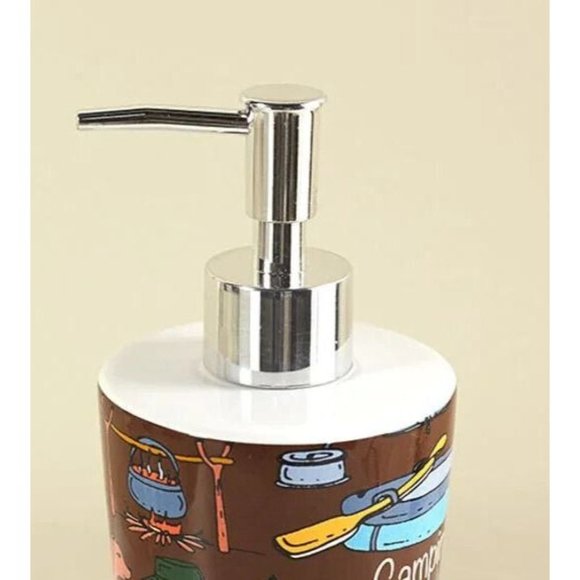 Campsite Soap Dispenser Tents Canoe Fishing Bears Camp Fire on Brown Retro Style - Picture 2 of 3